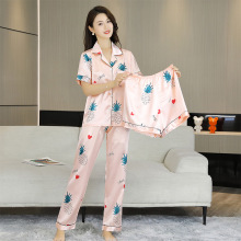 【Wow定制】冰丝睡衣女夏仿真丝短袖长裤三件套装家居服透气凉爽