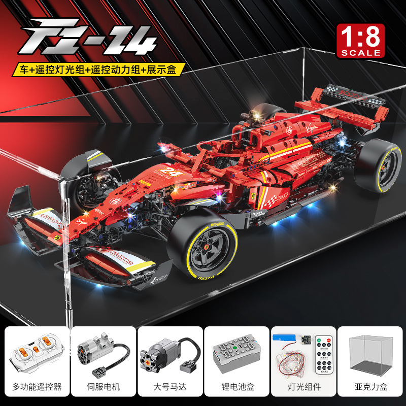 Bloques de Construcción de Alta Dificultad, Coche de Carreras de Fórmula 1 Ferrari, Escala 1:8, con Efecto de Sonido de Llama Trasera Mejorado