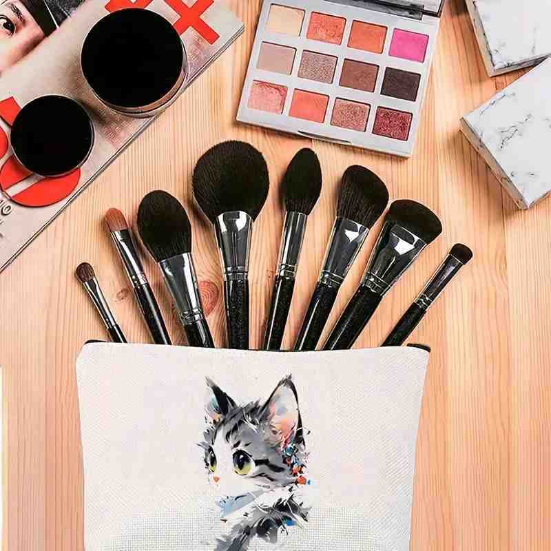 Bolso cosmético transfronterizo de las mujeres de Amazon lindo gato creativo bolsa de cosméticos bolsa de almacenamiento de lino bolsa de cremallera impermeable