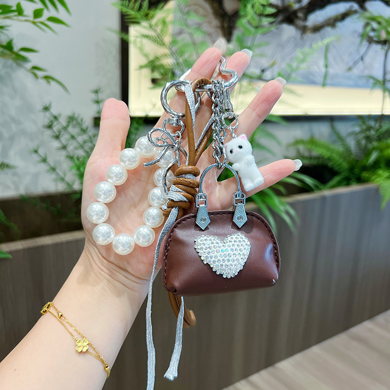 Fashion Chanel-Style Leather Bag Model Pendant Korean Version Cross-Border Quality Pearl Hanging Chain Car Keychain Accessory
