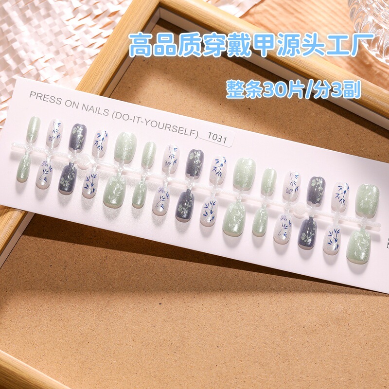 Minimalist Spring Bamboo Leaf Ultra-Short Ladder Handmade Wearable Nails Elegant Cat Eye Wearable Nail Patches Detachable