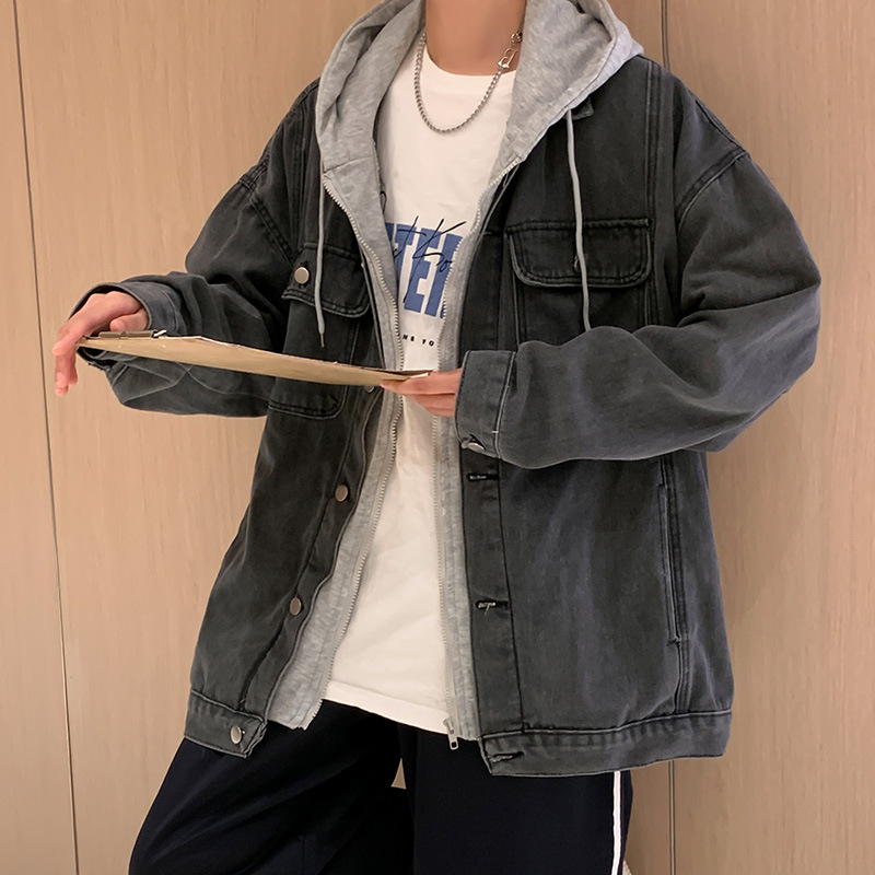 Primavera y otoño Denim abrigo de los hombres de estilo coreano de moda cremallera con capucha superior japonés estilo de Hong Kong moda falsa chaqueta con capucha de dos piezas