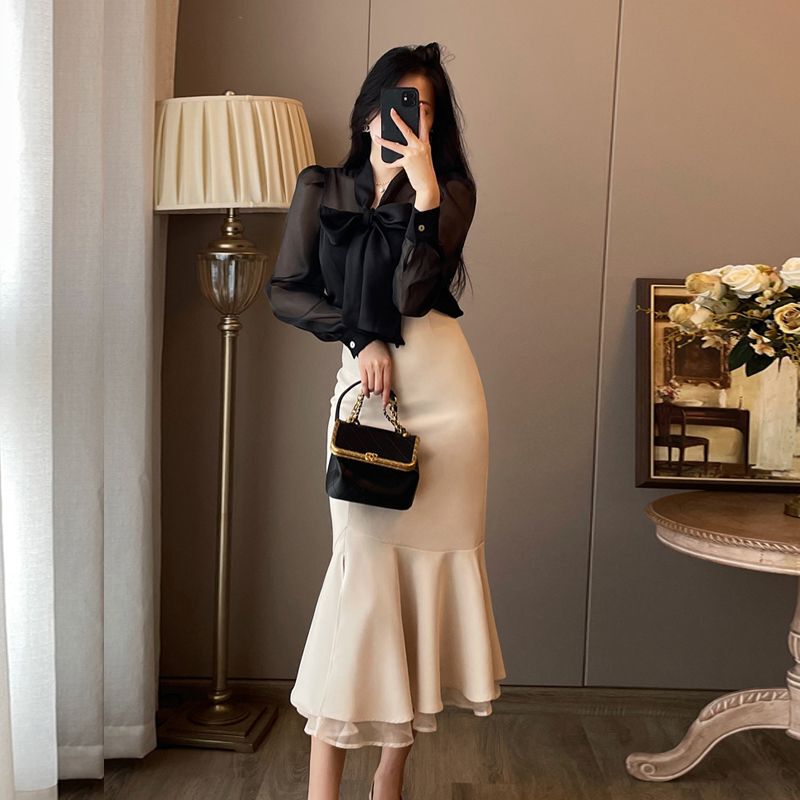 法式套装裙女2025早秋新款黑色长袖衬衫高腰包臀鱼尾半身裙两件套|undefined