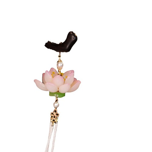 Ancient-style Chinese Hanfu peach wood lotus pearl beaded tassel hairpin, styled hair at the nape, hairpin with national trend temperament, hair accessory for women