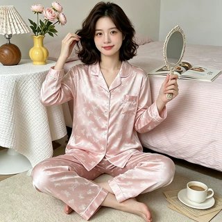 甜美高颜值蝴蝶印花韩系冰丝睡衣女ins家居服长袖长裤两件套批发