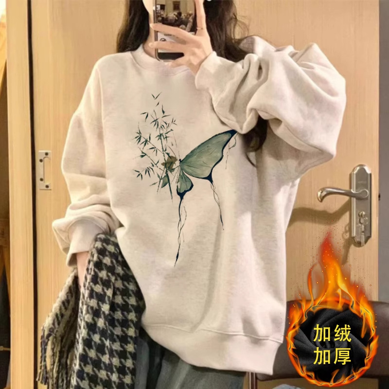 Chinese Style Heavyweight Round Neck Sweatshirt for Women in Autumn and Winter New Style Fleece-Lined Warm Student Versatile Loose Casual Long-Sleeved Top