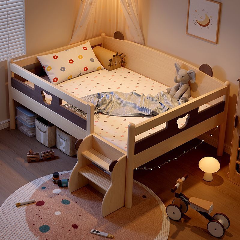 2025 New Bear Kidsren's Bed Half-Height Bed with Ladder Kidsren's Room Small Apartment with Drag Bed and Guardrail Solid Wood Bed
