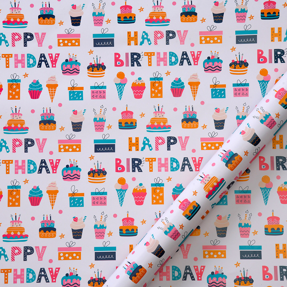 Nuevo papel recubierto creativo papel de embalaje de impresión globo de cumpleaños pastel vela papel de regalo de dibujos animados al por mayor