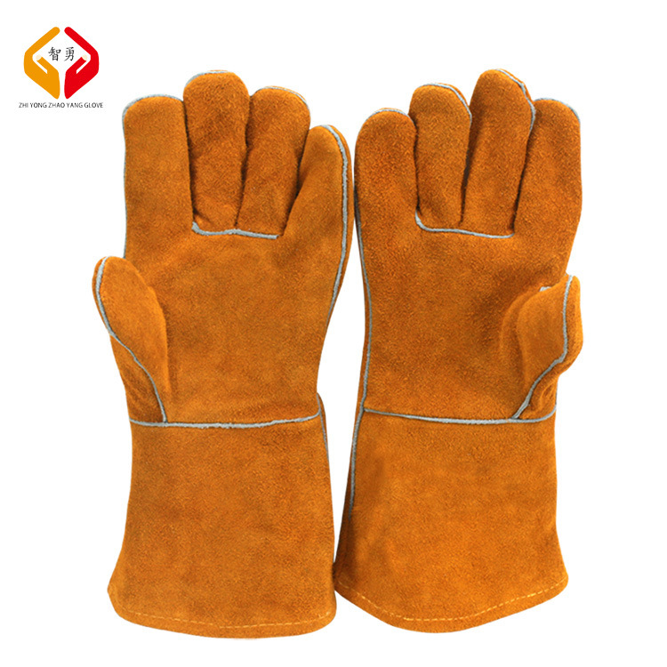 厂家批发加长电焊手套二层防火牛皮劳保手套隔热有内里焊工手套