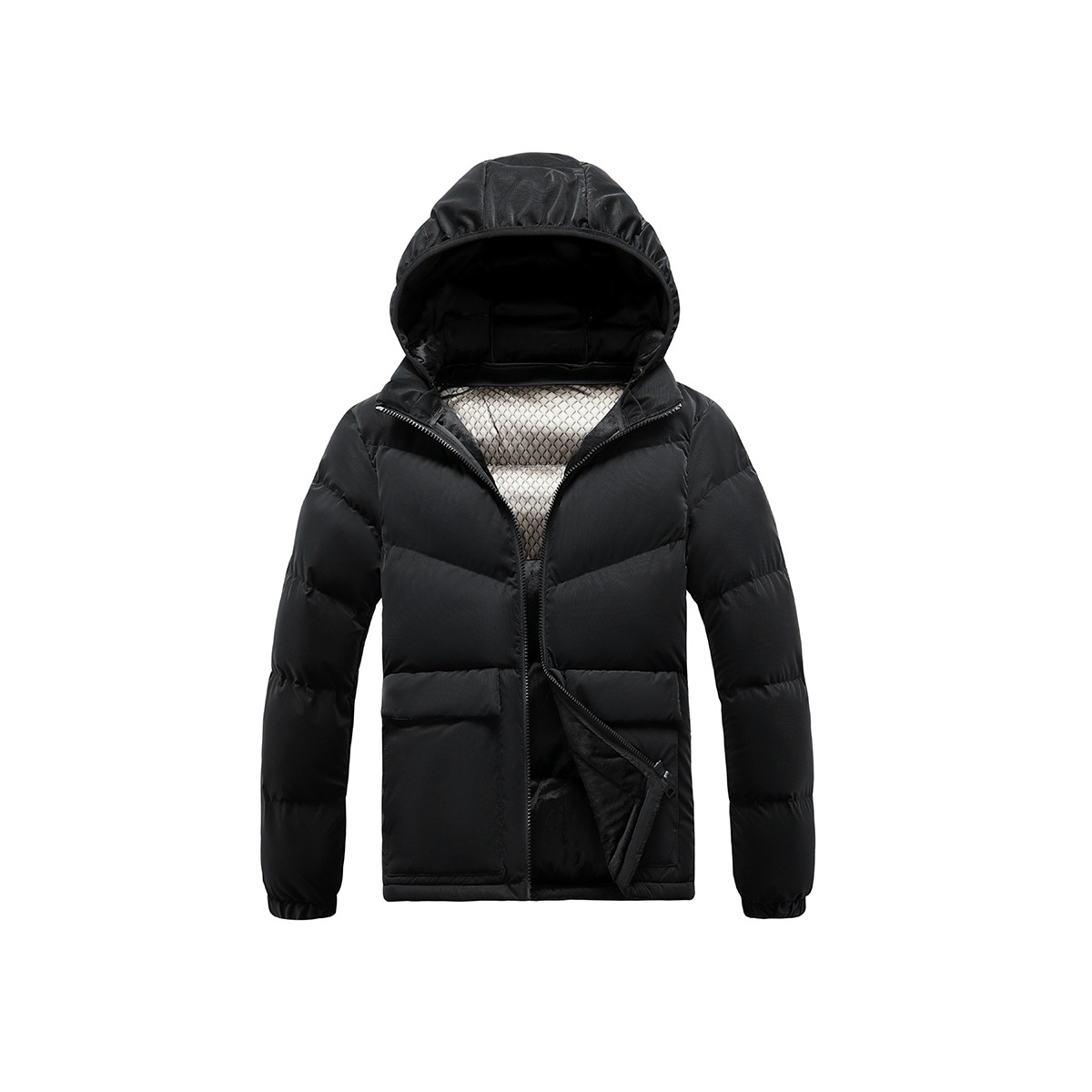 Baumwollgefütterte Herren-Graphen-Jacke in Slim-Fit-Passform mit abnehmbarer Kappe und dicker Kapuze_voghion.com