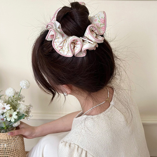 Korean version colorful small bear floral pattern forest system sweet fabric large intestine circle gentle ponytail ball hair tie hair accessory