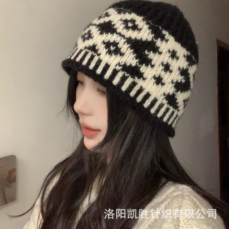 国境を越えたレトロな菱格ニット毛糸帽女性冬の韓国版の大頭囲は顔が小さい保温防寒包頭帽子である|undefined