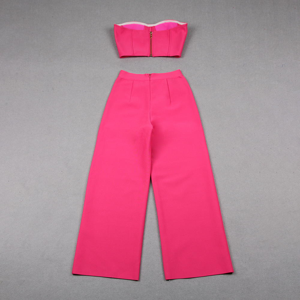 Autumn Summer Women Clothes Sexy Rhinestone Hollow Out Cutout Sheath Bandage Trousers Two Piece Set
