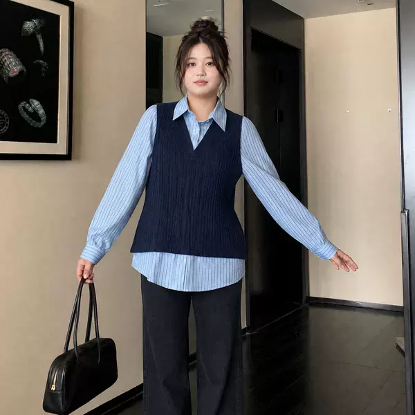 Plus-size braided pattern knitted vest with striped shirt, faux two-piece, 2026 autumn new model 325355