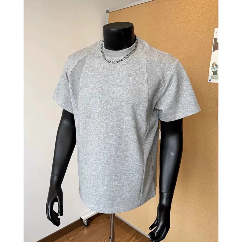 Binzi with heavy air layer American round neck short sleeve men's summer casual small collar thread stitching T-shirt