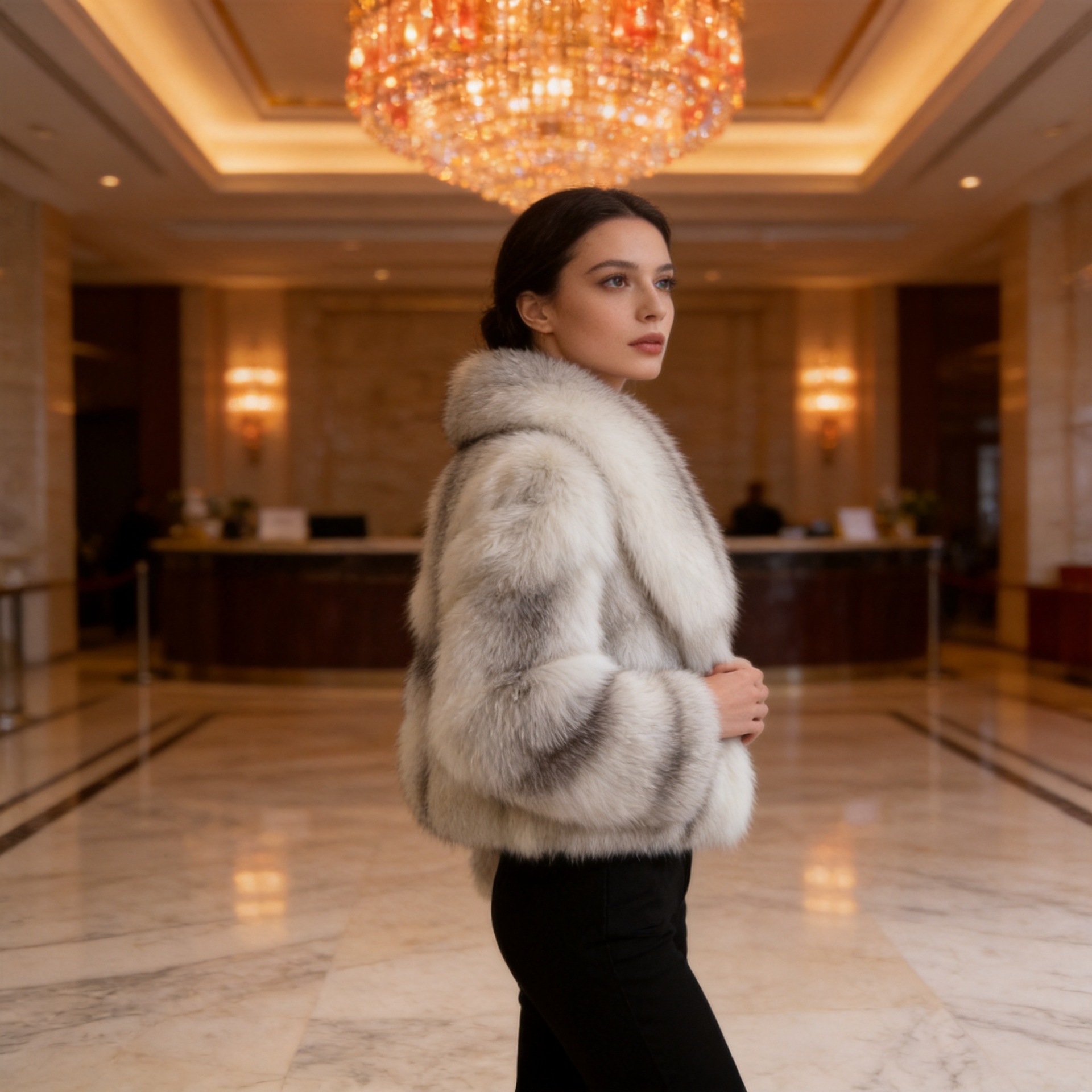 Women's winter fur coat, fashionable thick fox fur coat, atmospheric fur-lined coat, fox fur exterior.