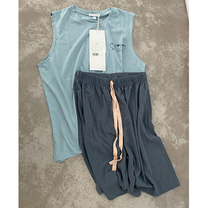 Summer New Simple Casual Men's Pajamas Knitted Cotton Sleeveless Vest Leopard Shorts Round Neck Home Clothes Men