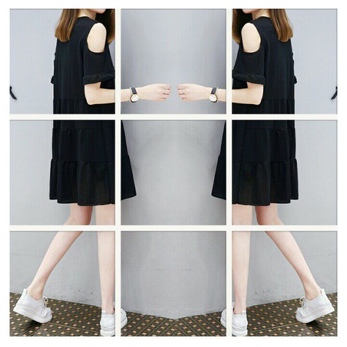 Shoulderless Korean Spring and Summer Dress, Black, Slimming, Whitening, Design-Savvy, Versatile, Loose, Hides Fat, Women's