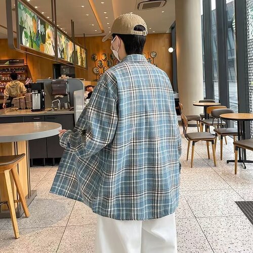 American retro sanded plaid shirt, men's organ pocket, vintage vintage, lazy long-sleeved shirt and coat
