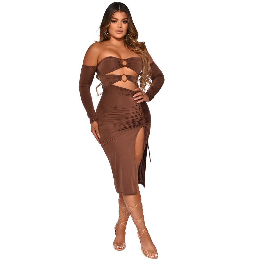 Solid Color Tube Top Hollow Off-Shoulder Long-Sleeved Package Hip Slit Dress NSMYF99293