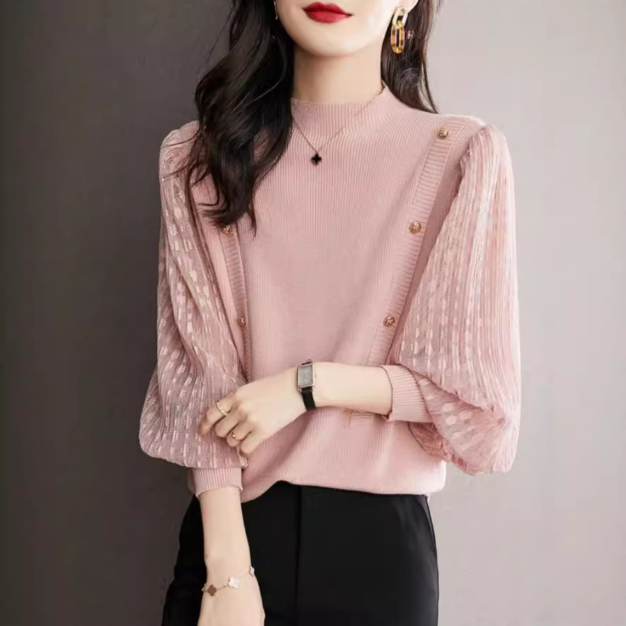 2025 Spring and Autumn Style Elegant Temperament Knitted Sweater Women's Half Turtle Collar Bottoming Sweater Short Lantern Sleeve Top