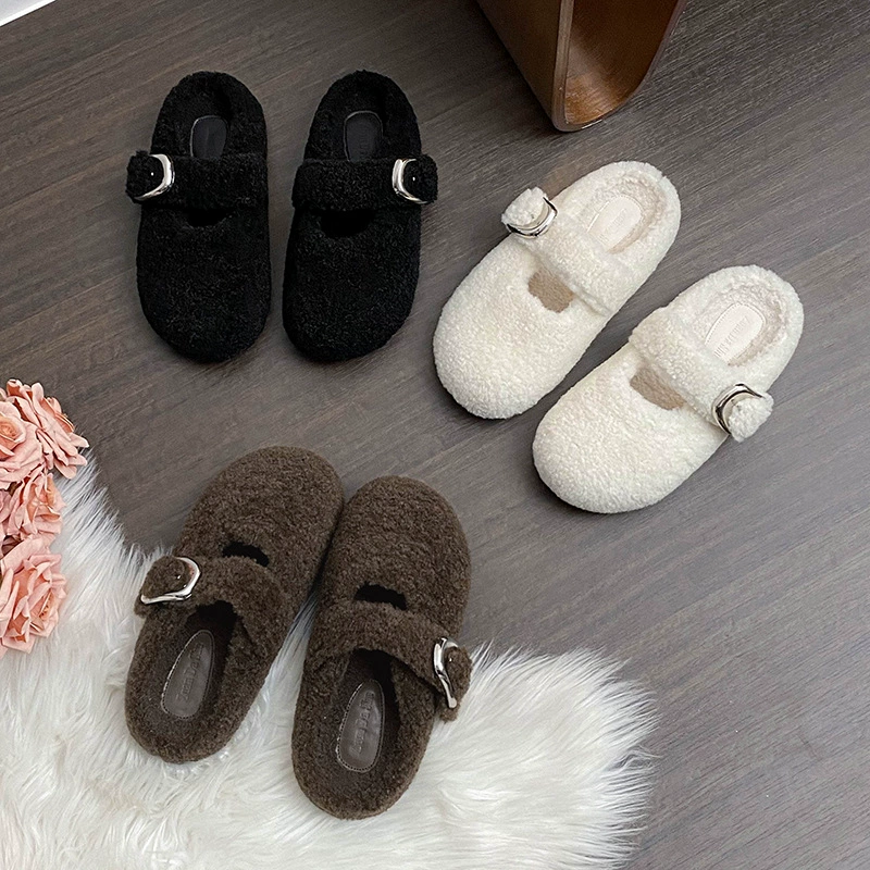 Туфли Birkenstock из овечьей шерсти 2025 новый стиль ленивая верхняя одежда Баотоу толстоподошвенные меховые тапочки модные 41-43