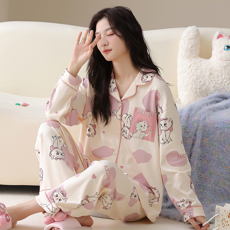 [Algodón puro] 40 pijamas de doble cara para mujer, primavera, otoño e invierno, nuevo estilo de manga larga con almohadilla para el pecho, traje de servicio a domicilio que se puede usar afuera