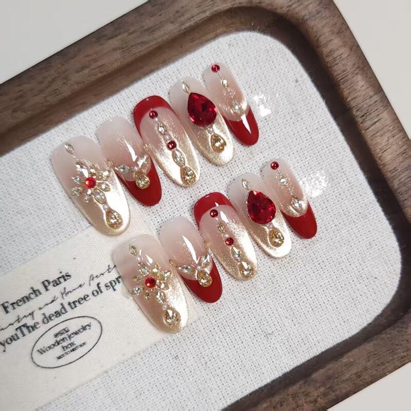 Early Autumn [Enamel Cinnabar Red] Palace Wine Red Manicure Purely Handmade Wearable Nails Versatile Exquisite Wedding Nails