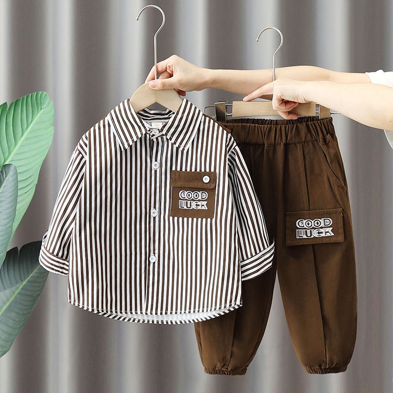 5862 Traje de otoño para niños 2024 Camisa a rayas de primavera y otoño para niños guapos Traje de dos piezas de otoño para bebés