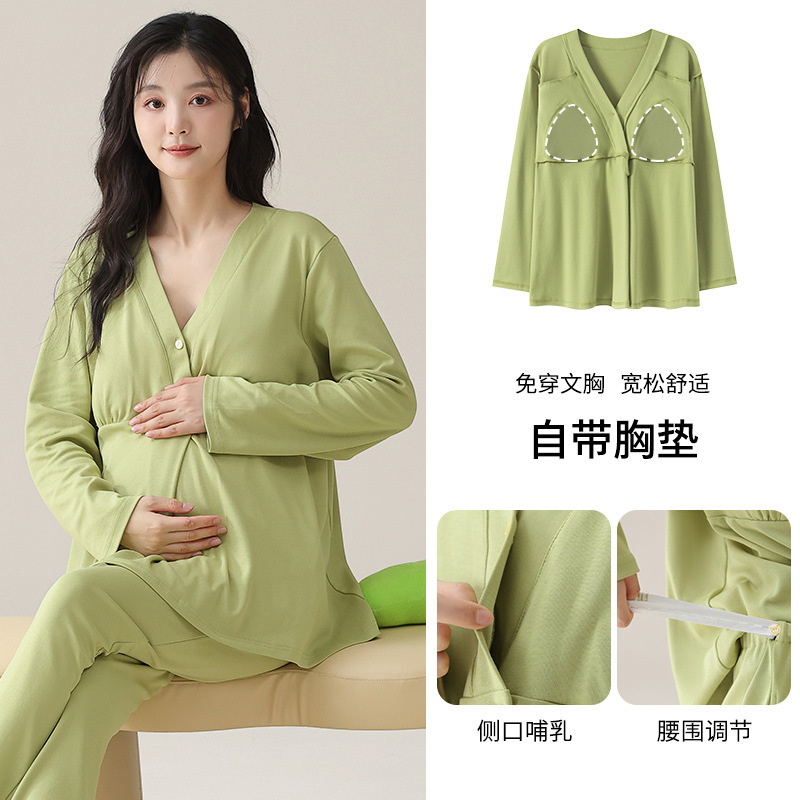 Pure Cotton Women's Postpartum Clothing with Breast Pads, Large Size Cardigan V Neck Pure Color Thickeneded Warm Confinement Nursing Clothing Home Clothing