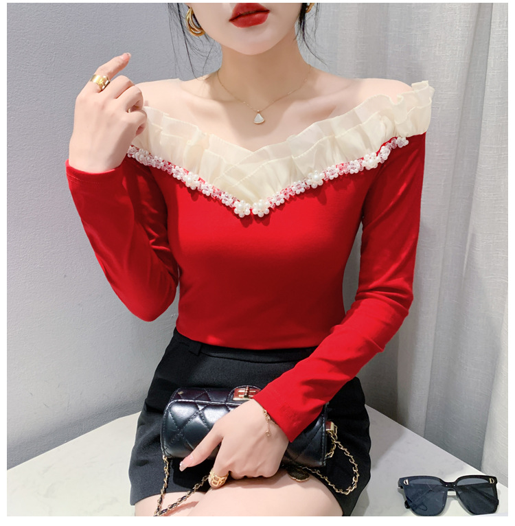 T-shirt donna a manica lunga con pizzo e perline elegante_voghion.com