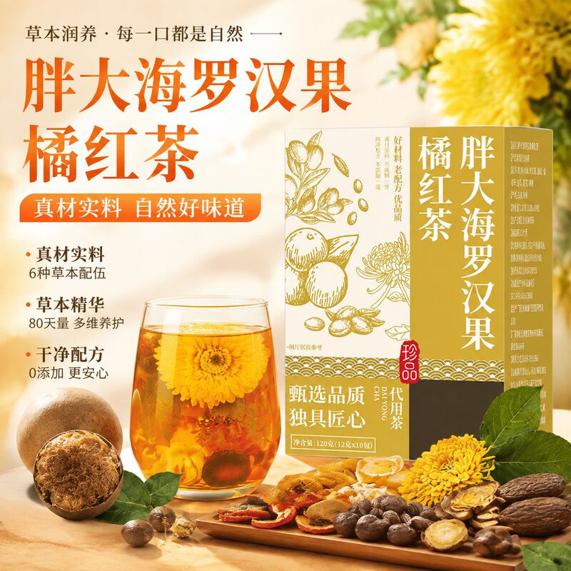 Pang Da Hai Luo Han Guo Tangerine Red Tea 120G/Box Autumn and Winter Throat-Soothing Health Herbal Tea Instant Tea with Tangerine Red Pang Da Hai Luo Han Guo Tangerine Red Tea 120G/Box Autumn and Winter Throat-Soothing Health Herbal Tea Instant Tea with Tangerine Red