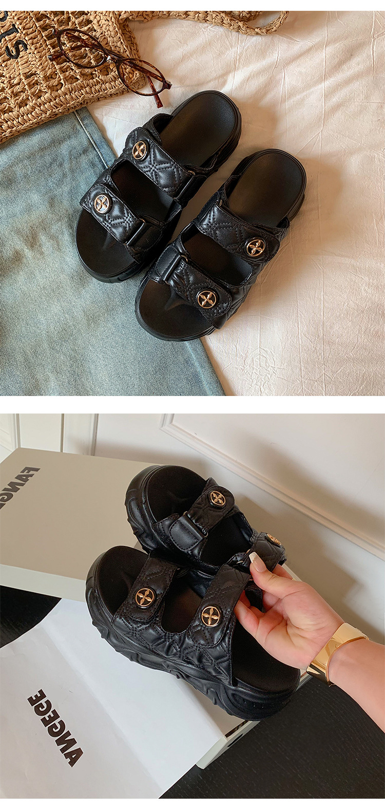 Sandal hở mũi nữ phong cách Xiaoxiang đế bánh xốp tăng chiều cao mùa hè 2025 — Màu đen, Màu trắng be chi tiết 14