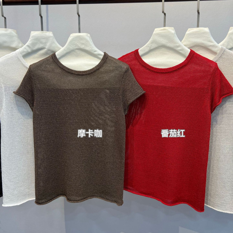 Korean Red T-Shirt for Women, Summer Versatile Basic Round Neck Short-Sleeve Slim-Fit Top with Paper Yarn Stretch Knit