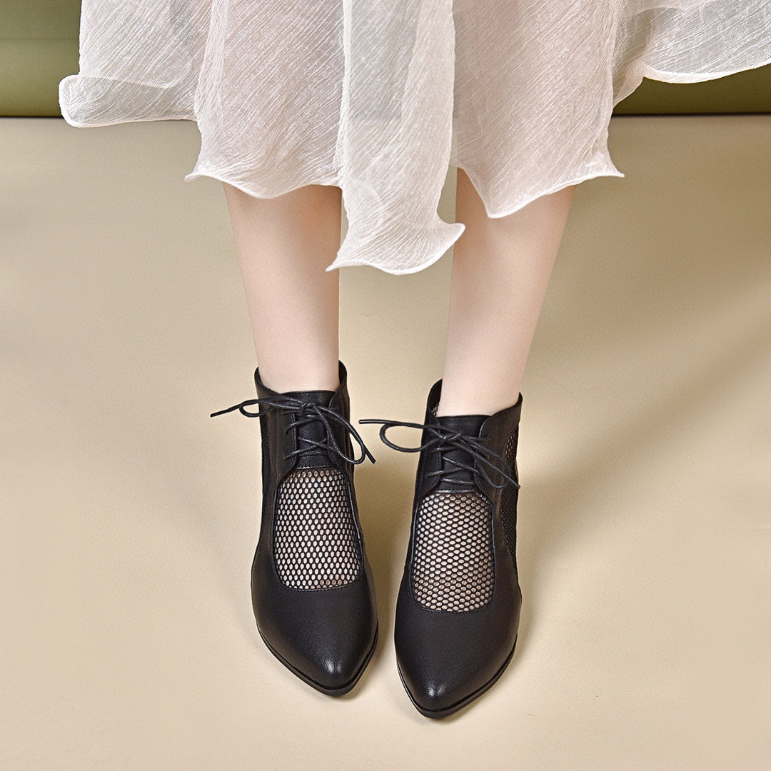 Sandal nữ mũi nhọn gót thấp La Mã da thật lưới thoáng khí — màu đen