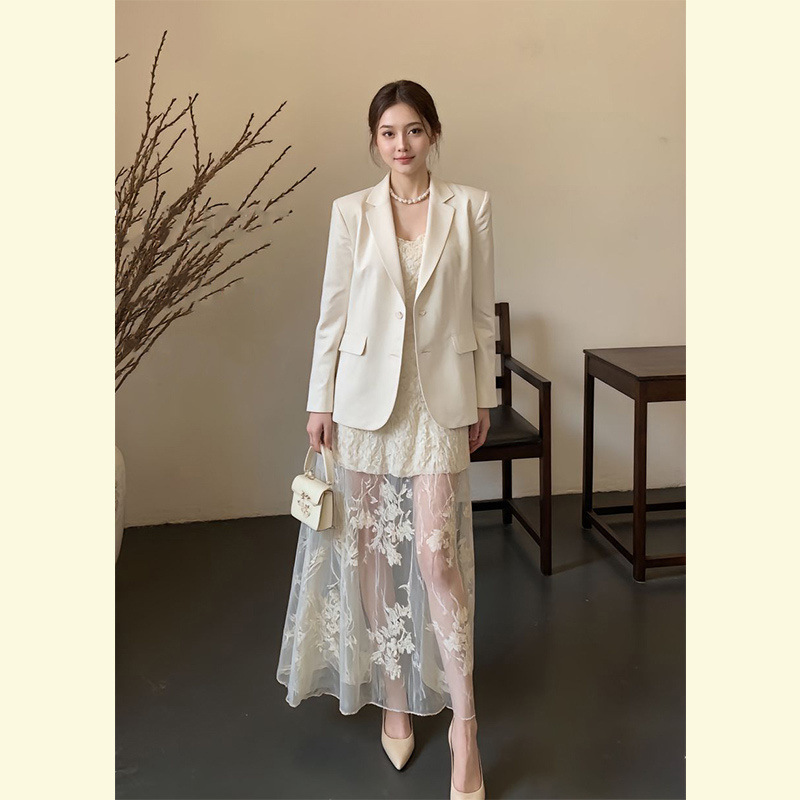 Spring Outfit 2025 Super Popular Miu Style White Blazer and Suspender Dress Set for Women