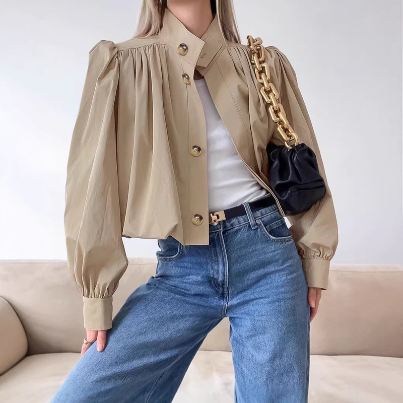 Autumn 2026 New Cross-Border British Style Short Pleated Loose Stand-Up Collar Puff Sleeve Khaki Trench Coat for Women