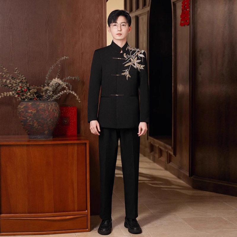 新しい中国風の紳士服中国風の男性の結婚式の秀和服新郎スーツスタンドカラータングスーツメンズチュニック|undefined
