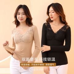 新款德絨長袖保暖自發熱內衣女可外穿修身打底衫女帶胸墊秋衣上衣
