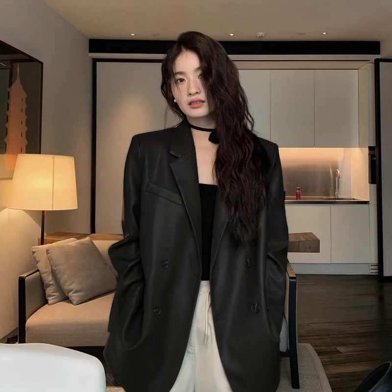 Internet Celebrity Casual Plus-Size Blazer Leather Jacket for Women, Spring Loose Versatile Stylish Pu Leather Top 2608