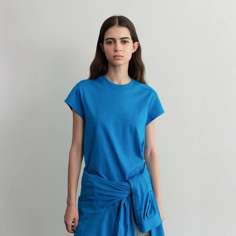 Less now m * nd * l small fly sleeve T-shirt minimalist style shoulder cotton slim Korean solid color crew neck short sleeve women Less now m * nd * l small fly sleeve T-shirt minimalist style shoulder cotton slim Korean solid color crew neck short sleeve women