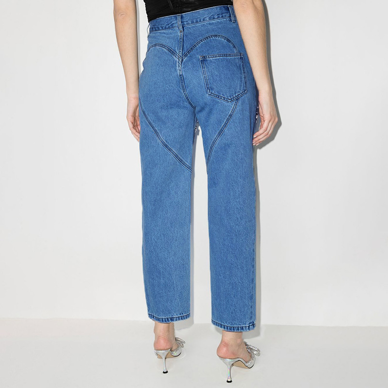 Damen High-waist Jeans Mit Strass Im Geraden Schnitt Modern_voghion.com