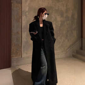 SUNONEONE 黑色韩系长款毛呢大衣女冬高级感呢子西装外套