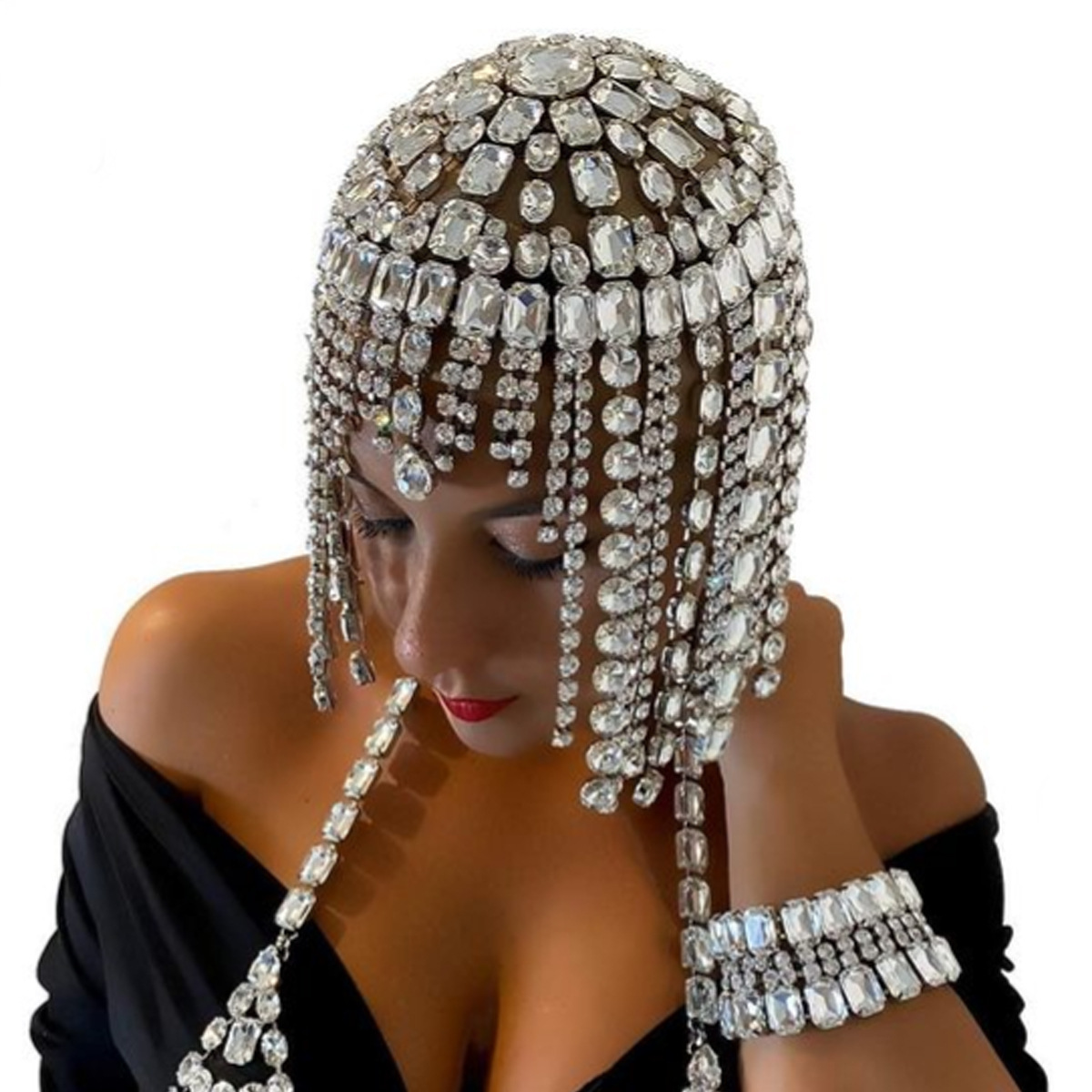 Moda Comercio exterior rhinestone pelo cadena femenina personalidad europea y americana exagerada diamante grande lujo borla diadema tocado