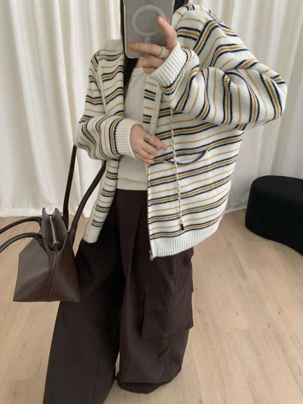 韩系风复古条纹撞色连帽针织毛衣女秋冬新款慵懒风百搭宽松连帽衫|undefined
