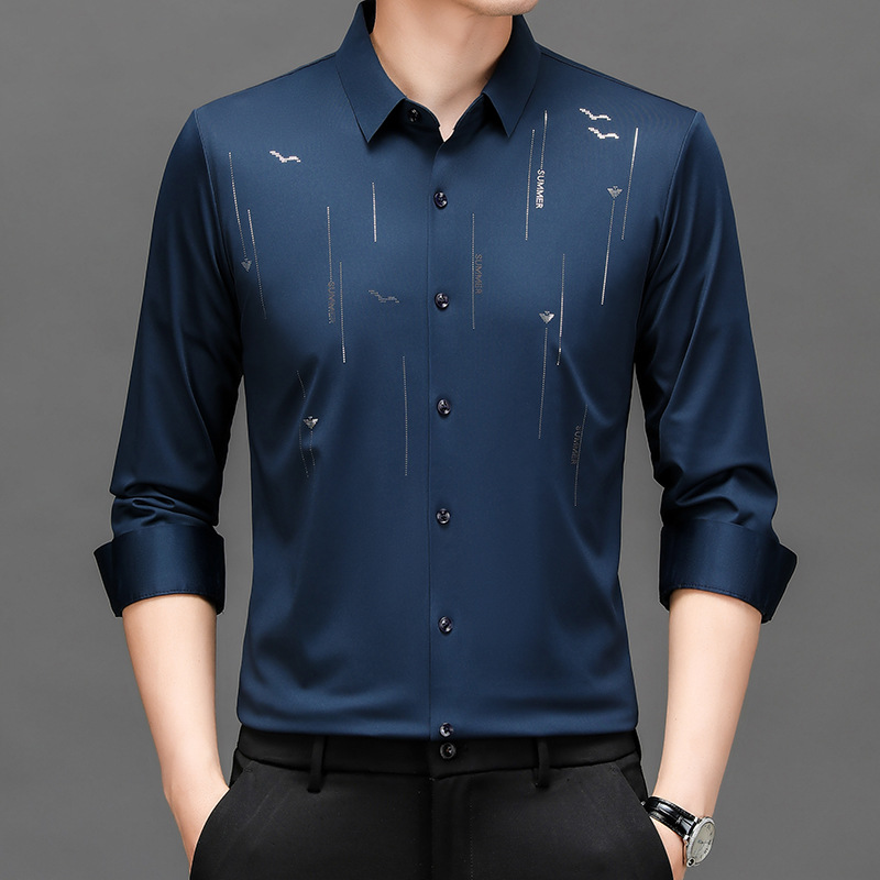 Men's Four-Way Stretch Ice Silk Long-Sleeve Shirt, New Spring/Autumn Style, Simple Striped Print, Elastic Casual Versatile Shirt