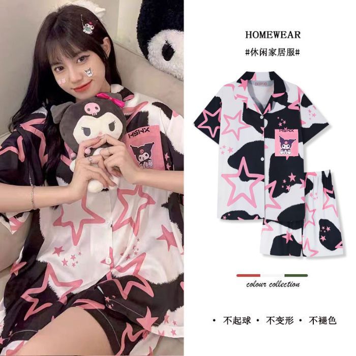 Transfronterizo 180g pijamas de algodón de imitación para mujer rebeca de verano traje de pantalones cortos de manga corta traje de ropa para el hogar de dibujos animados lindo de algodón