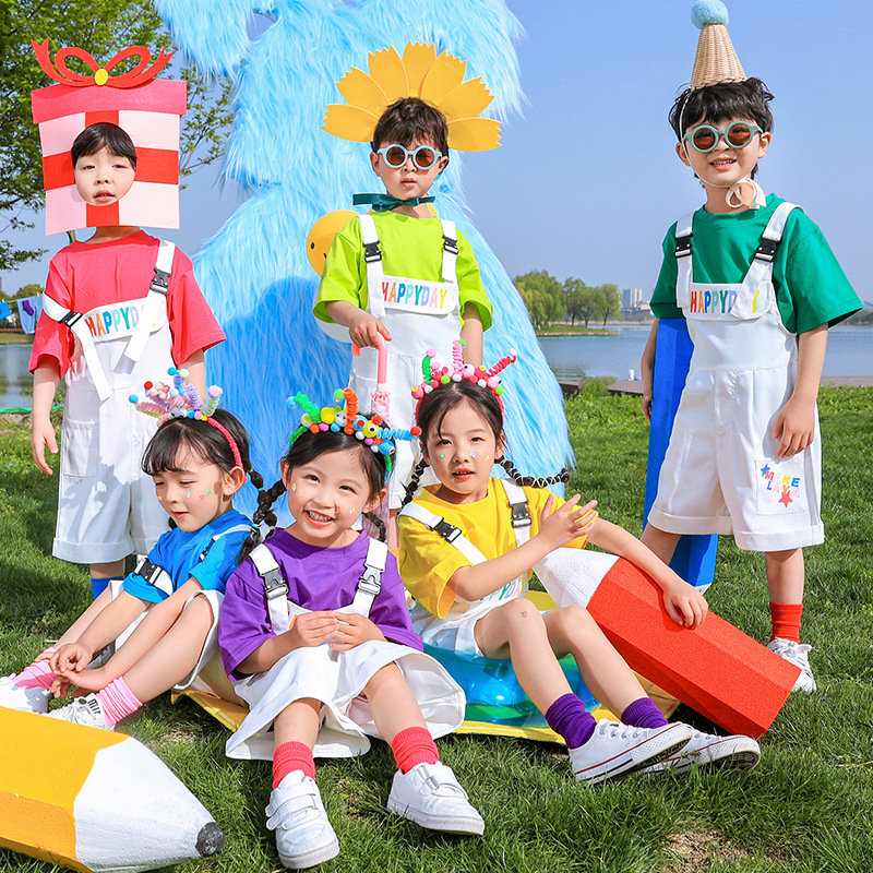 六一兒童演出服幼兒園畢業照背帶褲服裝糖果色T恤小學生啦啦隊服
