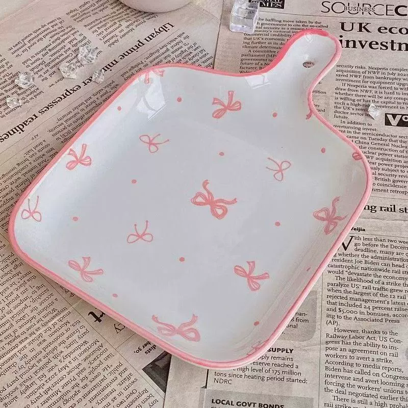 Ceramic Tableware Set, Butterfly-Handle Design, Home Dining Bowls & Plate (Pink/White)
