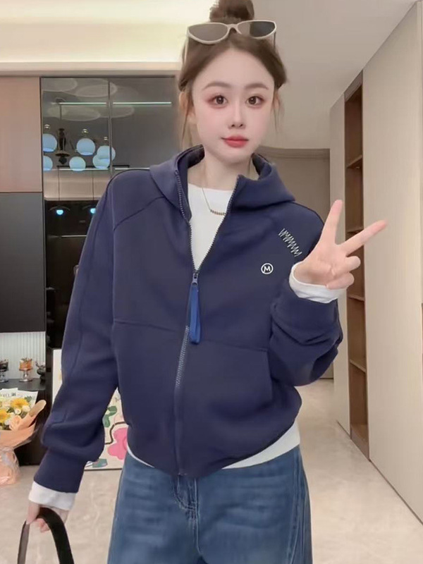 韩系慵懒风连帽卫衣女2025秋新款拉链开衫宽松显瘦小个子百搭外套|undefined